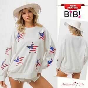 BiBi 4th Of July American Flag Theme Sequin Star Patches French Terry Sweatshirt